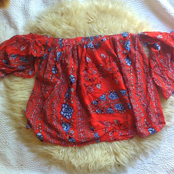 JAASE Off Shoulder Orange Floral Flowing Top Small - Picture 1 of 5